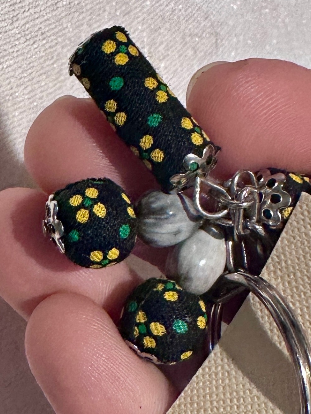 Handmade Purple Cracked Agate & Floral Fabric Beads with Stone Accents Keychain - Picture 2 of 3